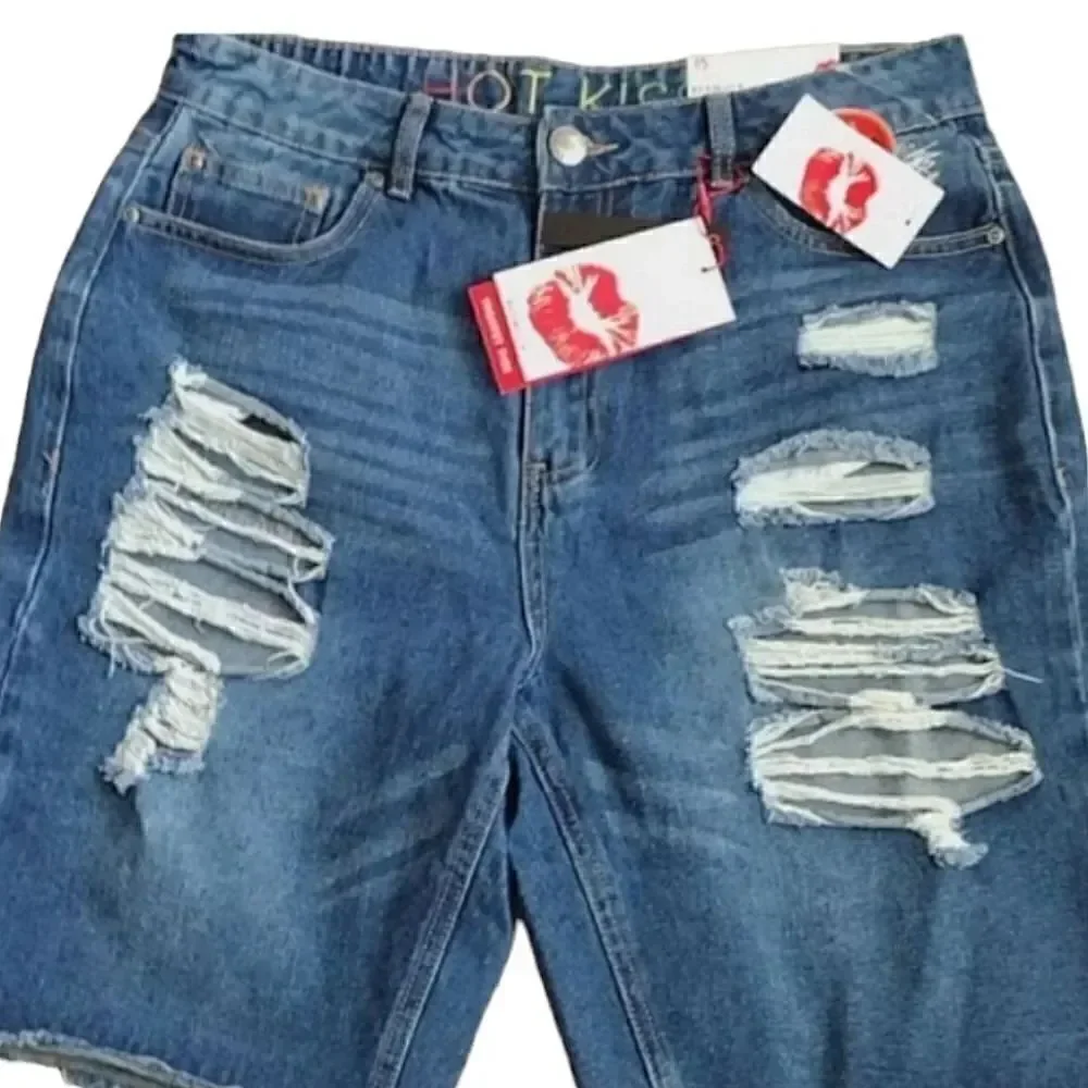 Hot Kiss Highest Rise Ripped  Bermuda Blue Jean‎ Shorts Size 15 NWT
